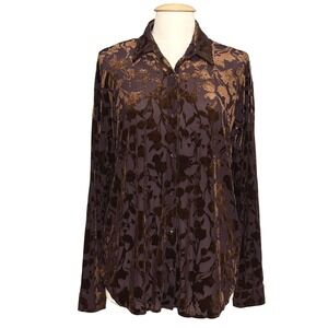ACOA‎ Womens Top S Brown Floral Burnout Velvet Button Up Whimsigoth Boho Chic